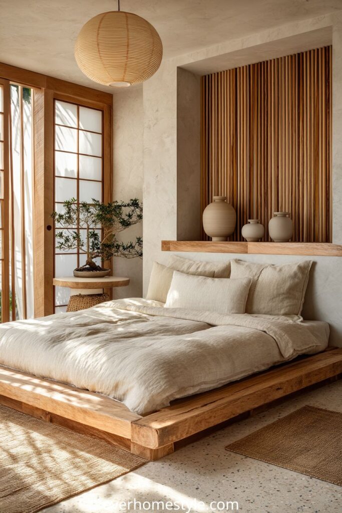 Zen-style bedroom with sliding shoji doors, wooden bed, and bonsai plant.