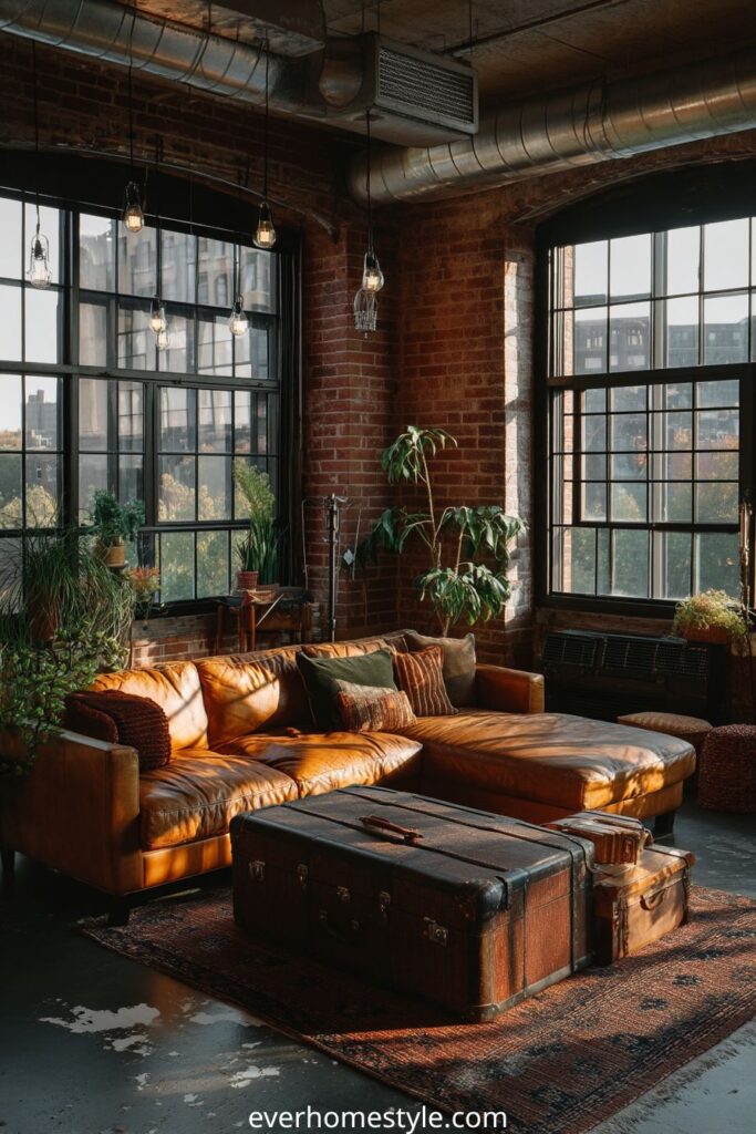 Industrial loft living room with brown leather sectional, vintage trunk, and exposed brick walls