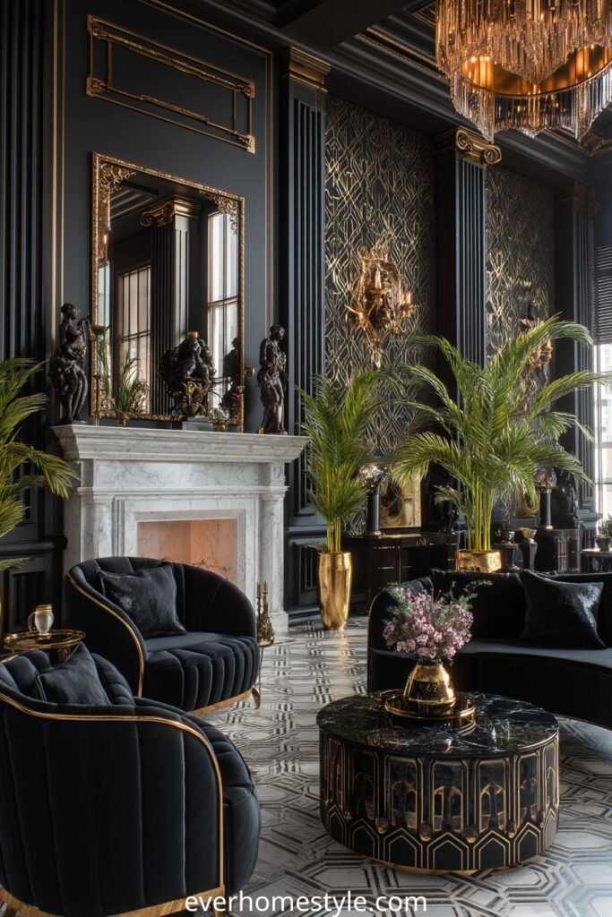 Art Deco luxury living room with black and gold furniture and marble fireplace