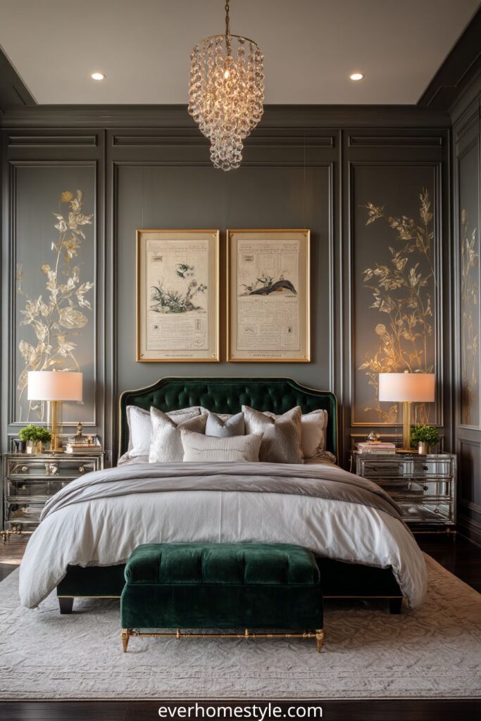 Luxury bedroom with green velvet bed, chandelier, and elegant wall decor.