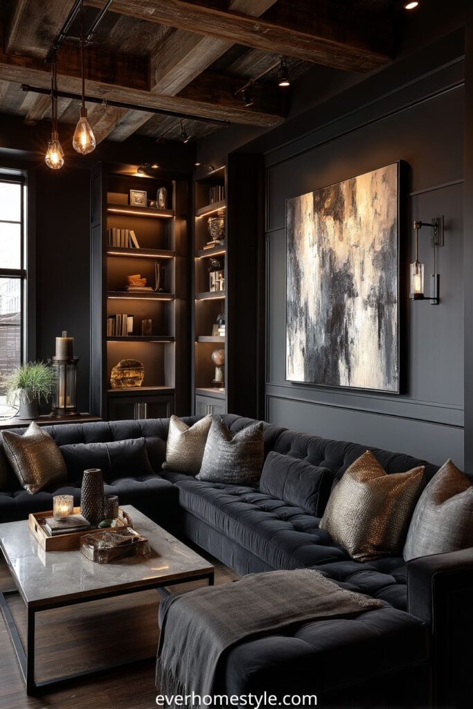 Luxury dark living room with velvet sectional, marble coffee table, and modern art