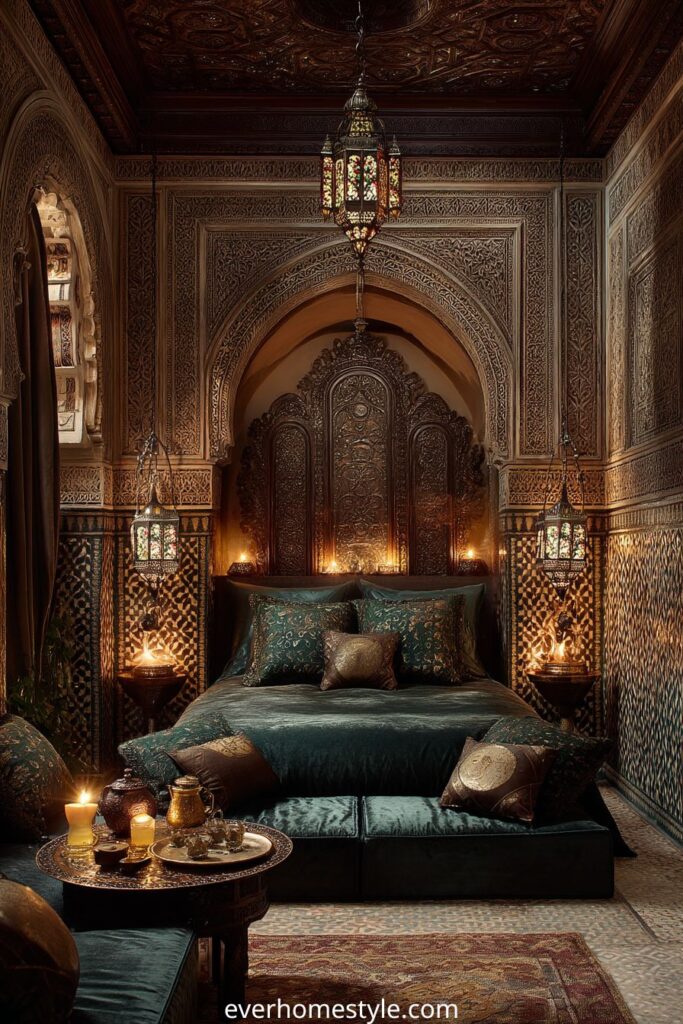 Moroccan luxury bedroom with intricate patterns and lantern lighting.
