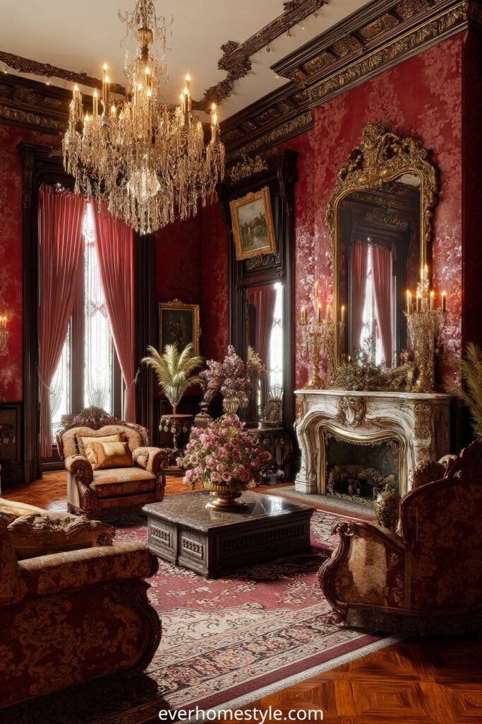 Luxury Victorian parlor with red damask walls and crystal chandelier