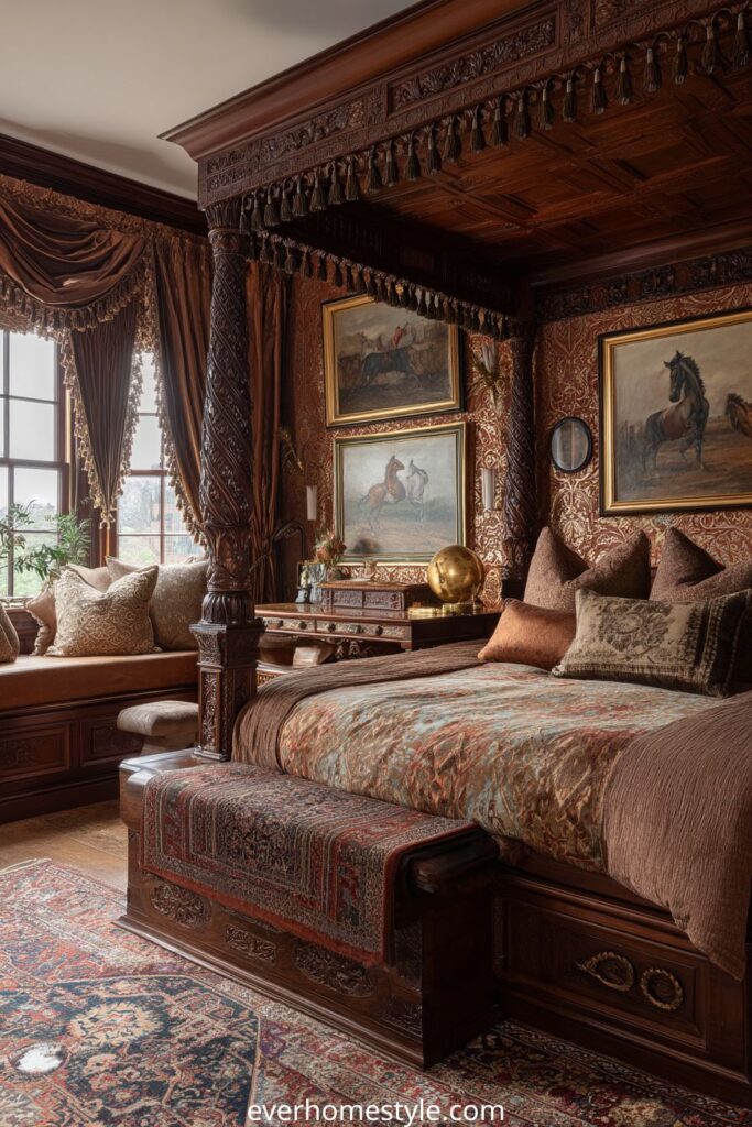 Luxury vintage bedroom with carved dark wood furniture and rich textiles.