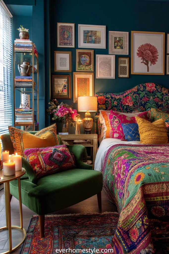 Eclectic bedroom with colorful bedding, gallery wall, and bold patterns.