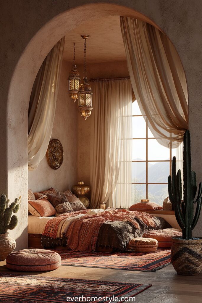Mediterranean bedroom with arched window, Moroccan lanterns, and earthy tones.