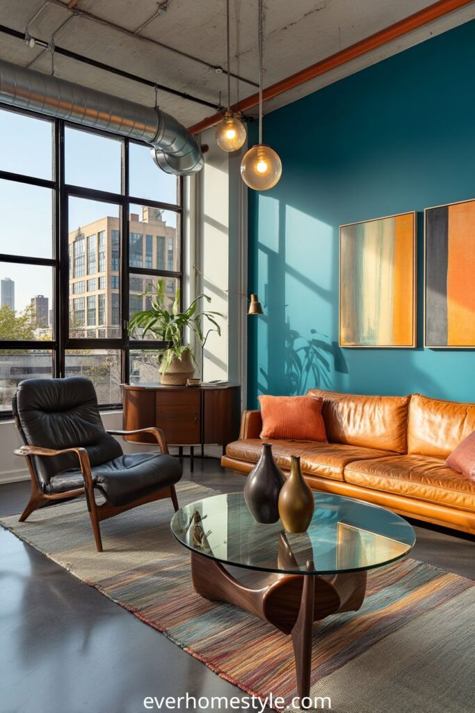 Mid-century modern living room with leather sofa, teal accent wall, and large windows