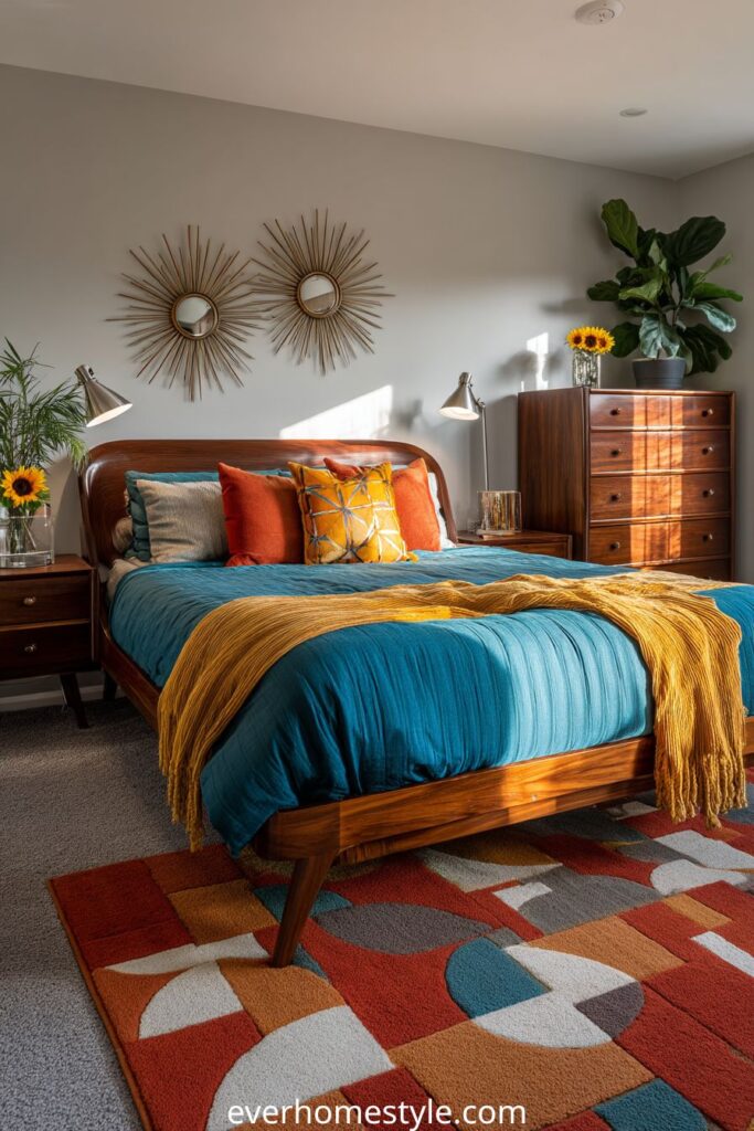 Mid-century modern bedroom with teal bedding, orange pillows, and geometric rug.