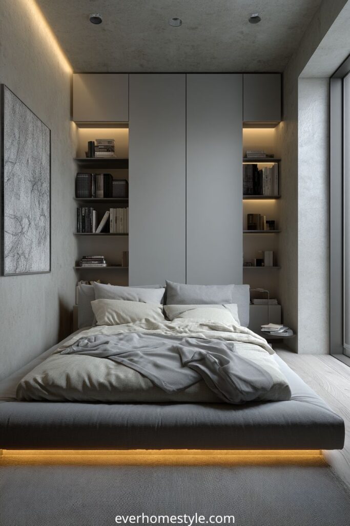 Minimalist bedroom with gray tones, built-in shelves, and modern bed.