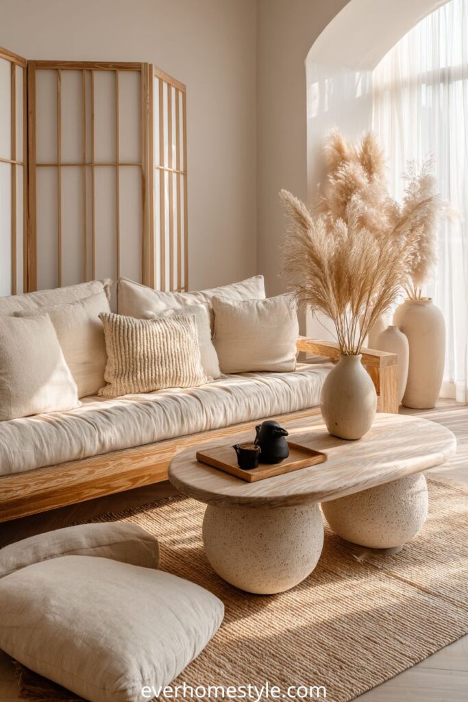 Japandi minimalist living room with neutral tones, wooden sofa, and pampas grass decor