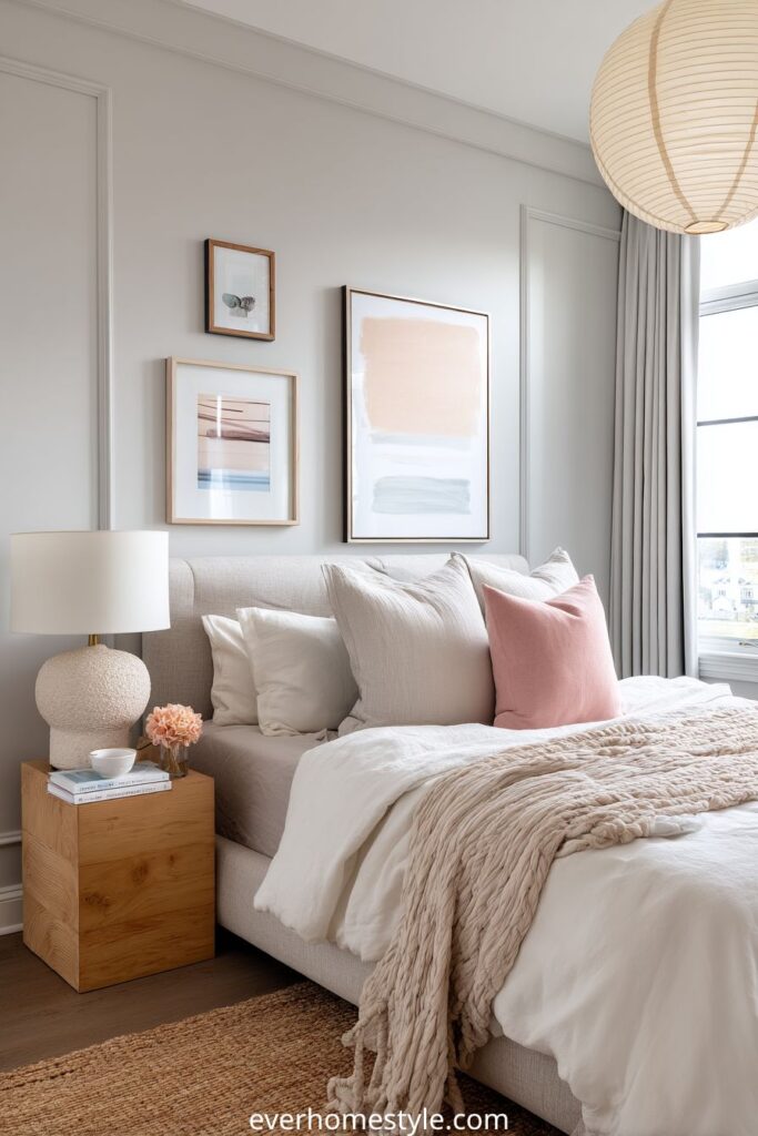Minimalist modern bedroom with pastel accents and neutral tones.