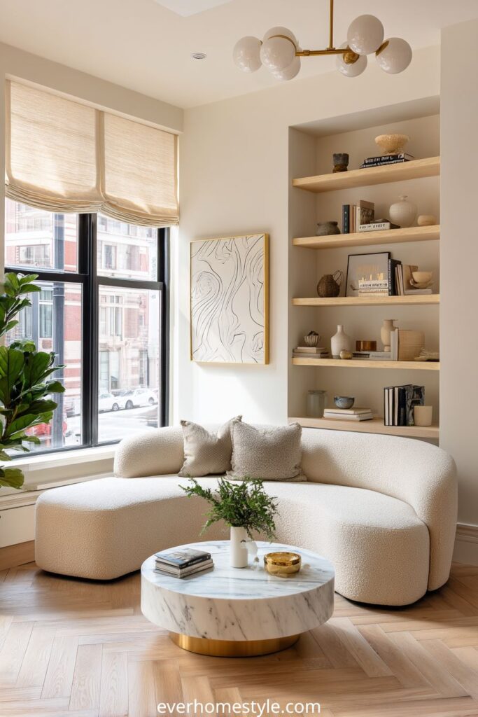 Modern minimalist living room with curved sofa, marble coffee table, and built-in shelves