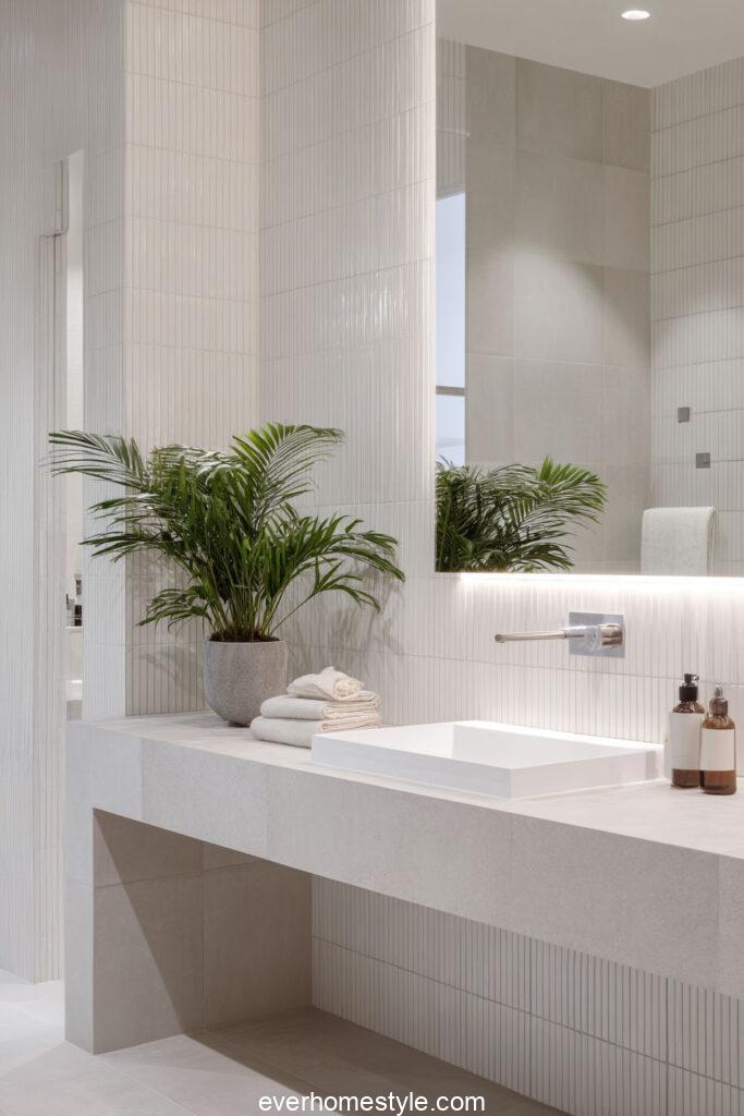 minimalist white bathroom textured surfaces layer