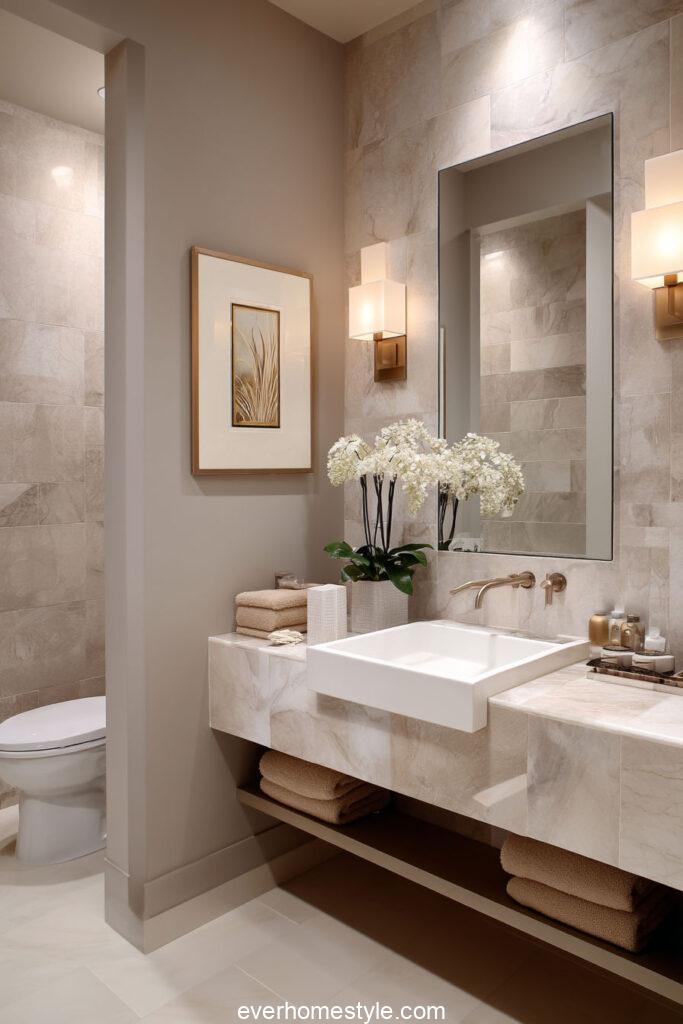 modern bathroom greige walls mix of gray and beig