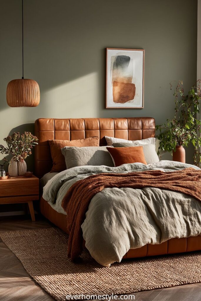 Modern earthy bedroom with green walls, leather bed, and warm bedding.