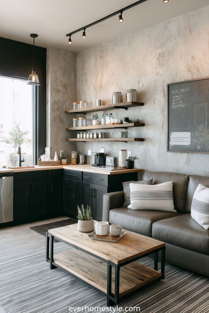 Modern industrial living room with grey sofa and open shelving