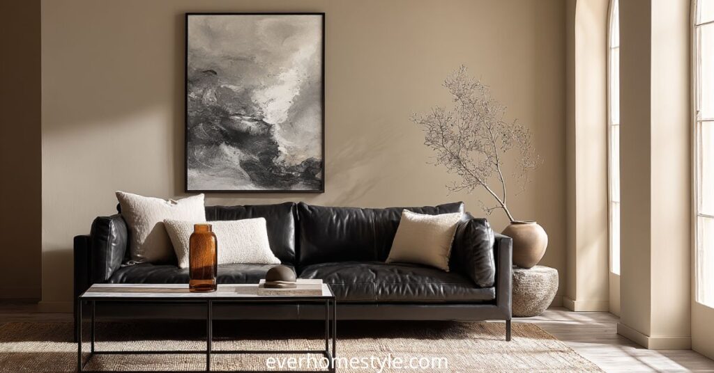 Modern living room with black leather sofa and minimalist wall art