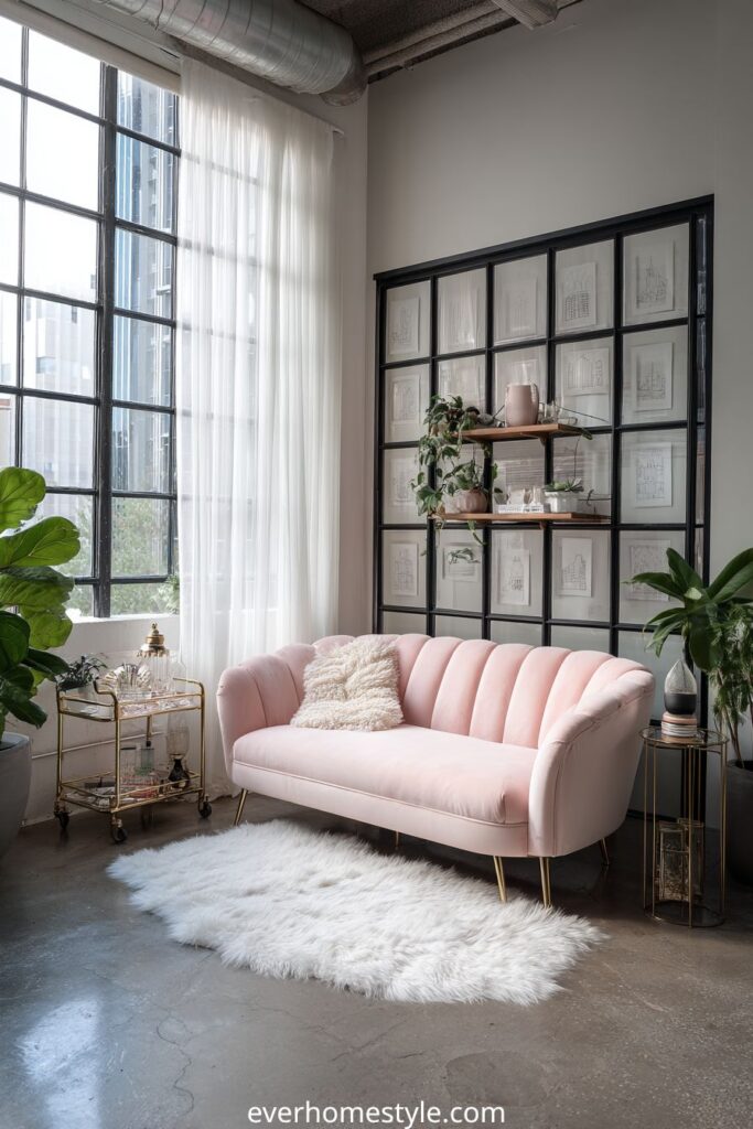Loft living room with pink velvet sofa, gold accents, and floor-to-ceiling windows