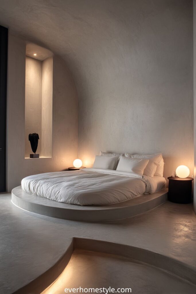Modern minimalist bedroom with curved walls and round platform bed.