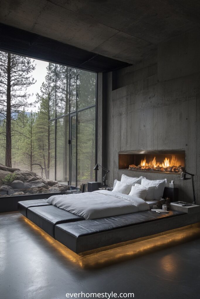 Modern minimalist bedroom with floor-to-ceiling windows and built-in fireplace.
