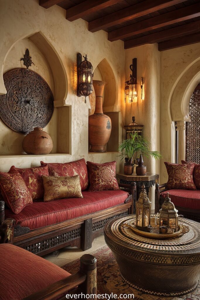 Moroccan living room with red sofa, arched niches, and lantern lighting