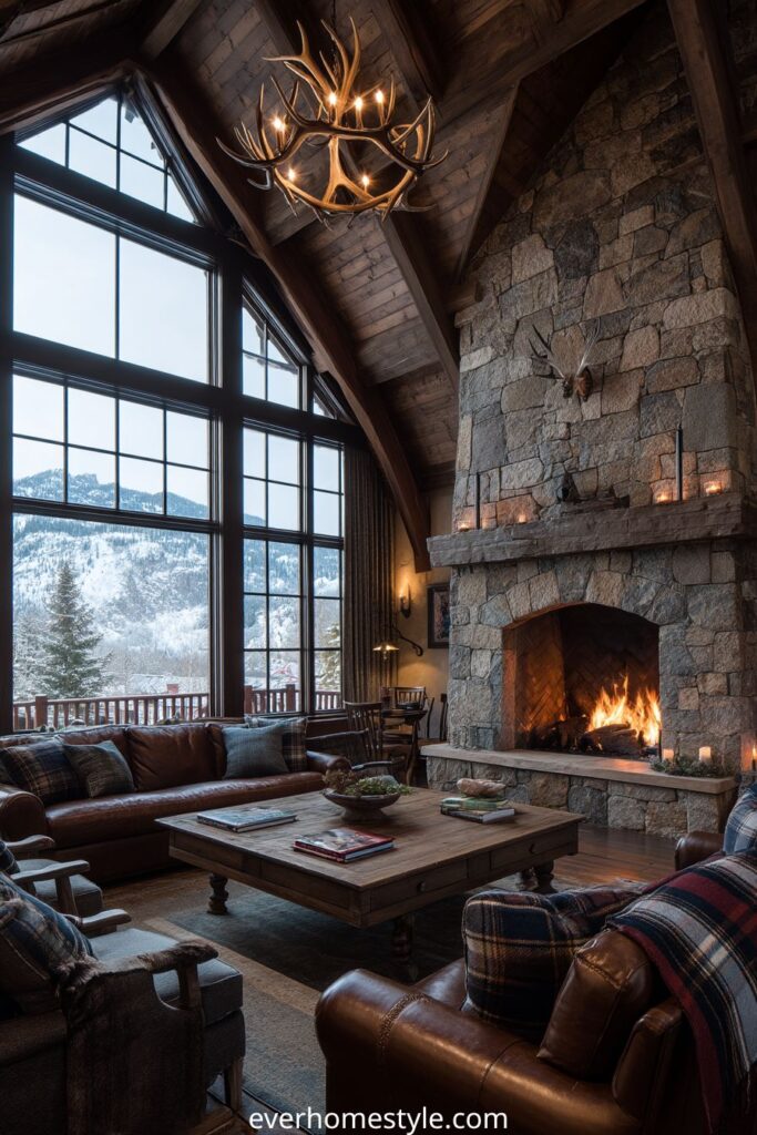 Mountain lodge living room with stone fireplace and leather sofas.