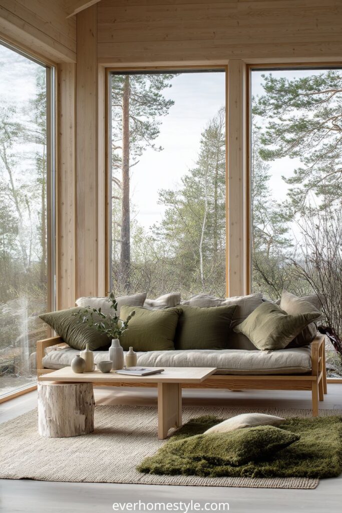Scandinavian living room with wooden sofa, green cushions, and panoramic forest view