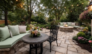 Outdoor patio garden with stone seating and string lights