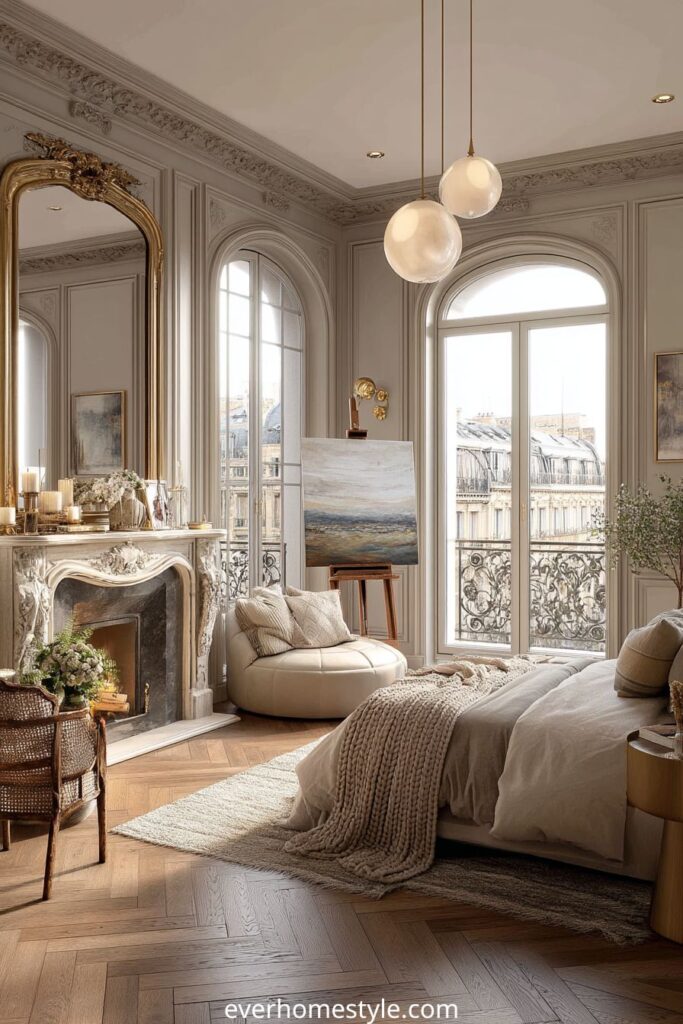 Parisian style bedroom with ornate fireplace, large windows, gold-framed mirror, and classic decor.