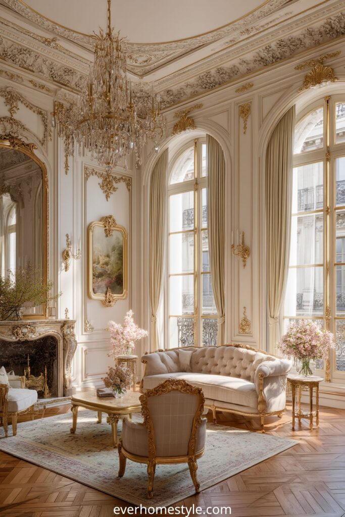 Elegant French classic living room with chandelier, gold details, and vintage furniture