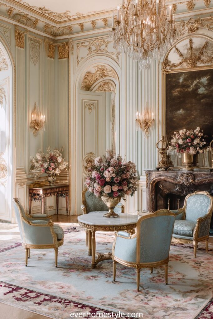 Rococo salon with gilded walls, crystal chandelier, and blue upholstered chairs