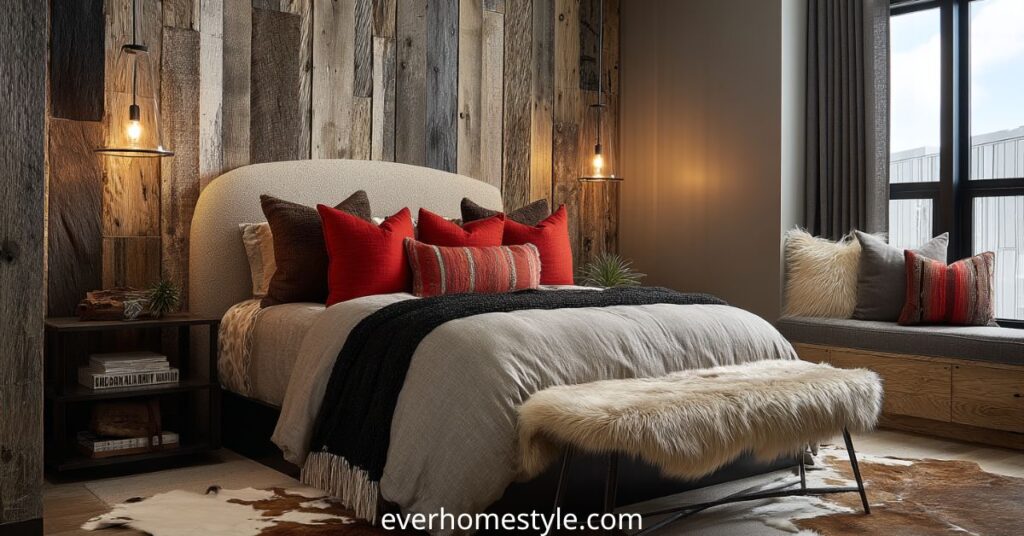 Rustic bedroom design with reclaimed wood accent wall, neutral bedding, red throw pillows, and warm pendant lighting.