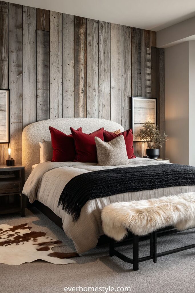 Rustic bedroom with wood panel wall, red accent pillows, and cozy textures.