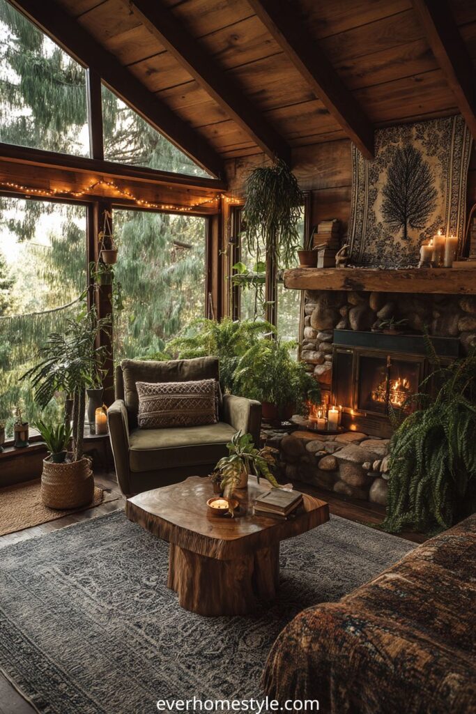 Rustic cabin living room with stone fireplace, plants, and forest view.