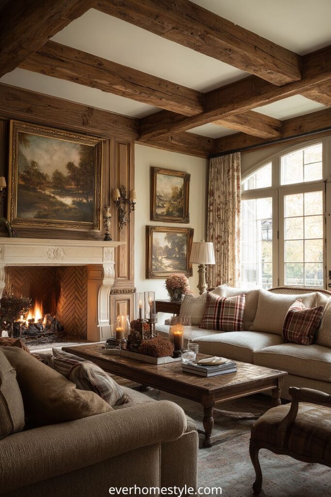 Rustic living room with wood ceiling beams, stone fireplace, and plaid cushions