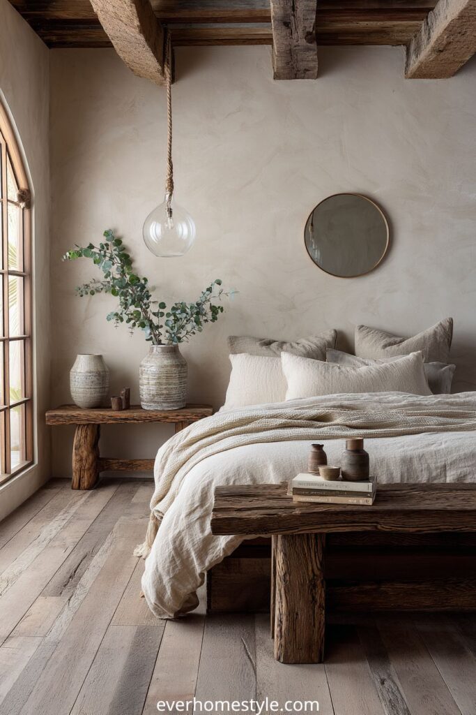 Rustic minimalist bedroom with exposed wooden beams and natural decor.