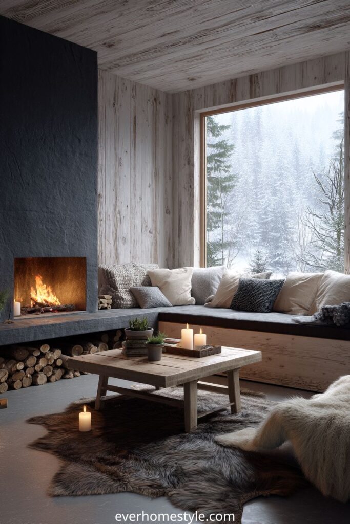 Scandinavian living room with pale wood walls and sleek black fireplace.