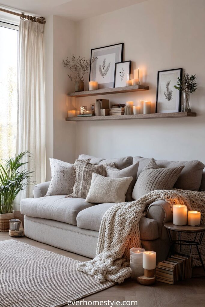 Cozy Scandinavian living room with neutral tones, candles, and knitted throws