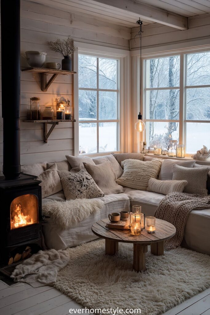 Cozy Scandinavian winter living room with fireplace, candles, and layered textiles