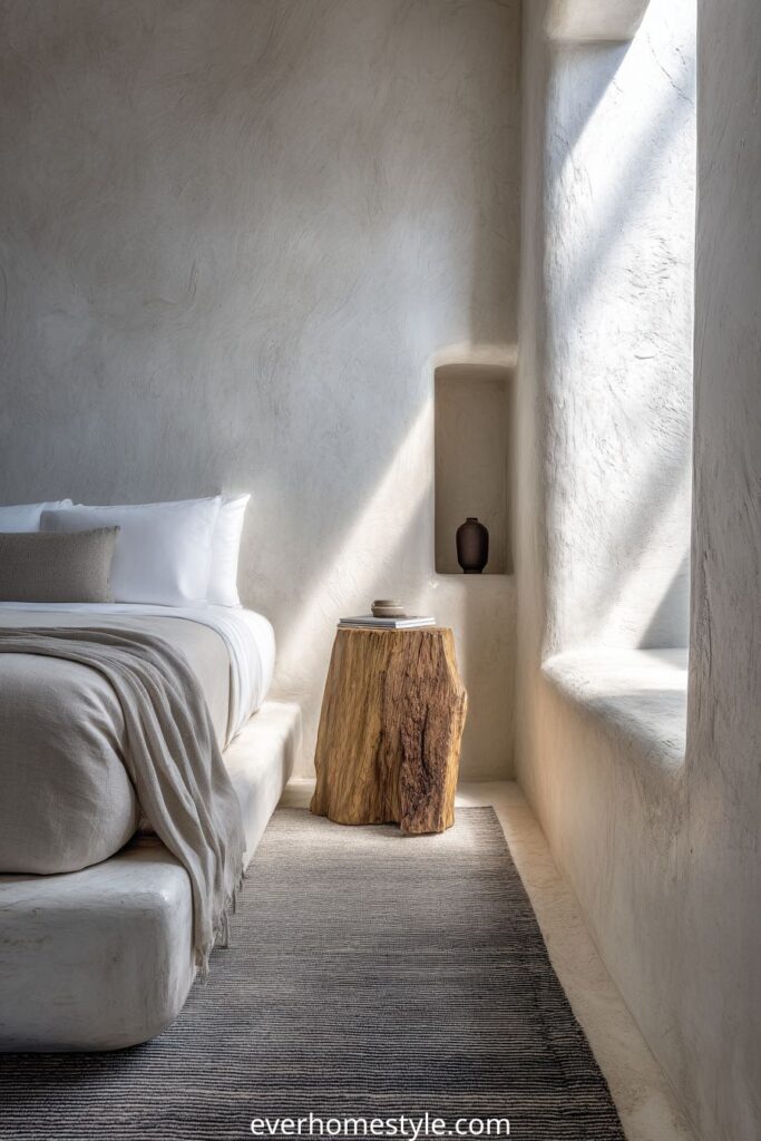 Wabi-sabi inspired bedroom with natural textures and sunlight.