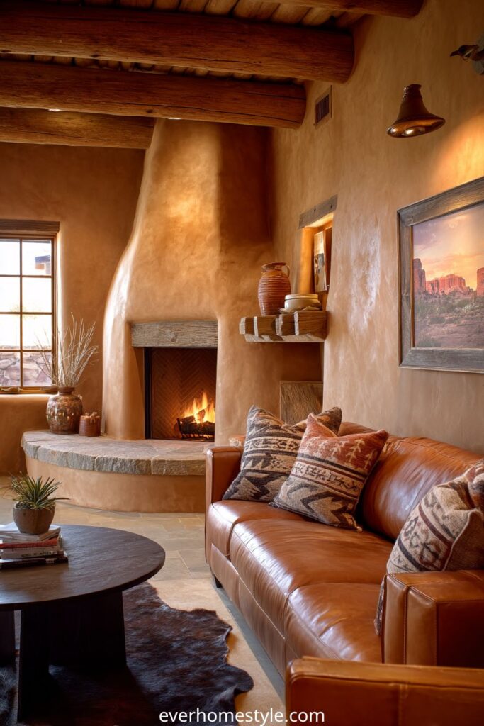 Southwestern adobe living room with kiva fireplace and leather sofa.