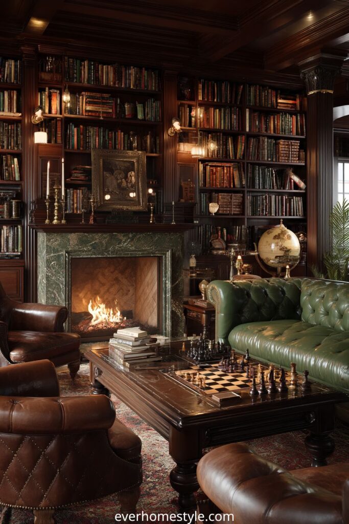 Traditional library with green Chesterfield sofa, leather chairs, and marble fireplace