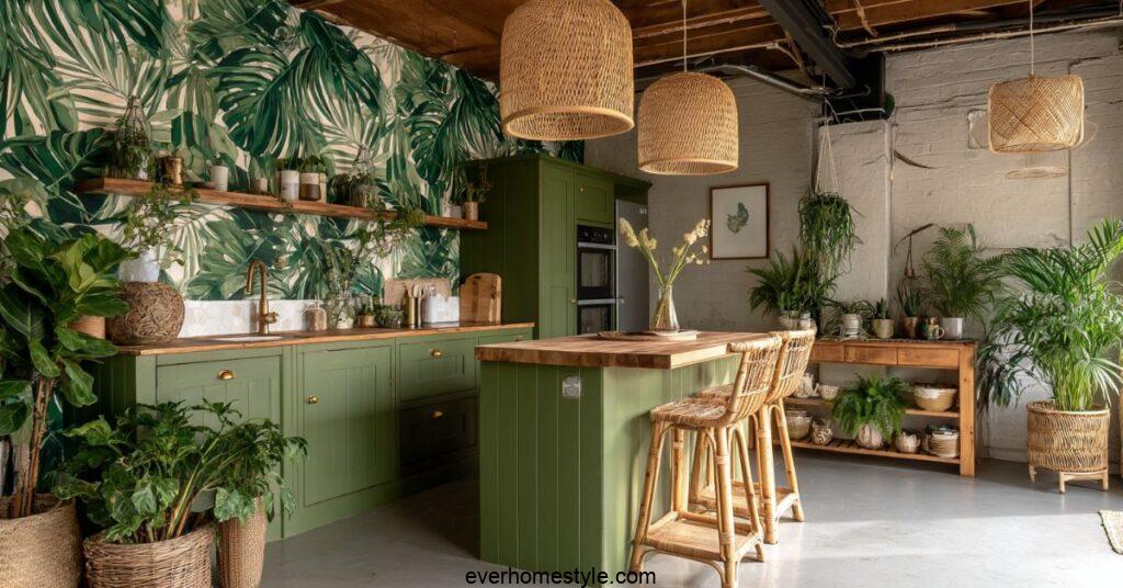 tropical bohemian kitchen olive green