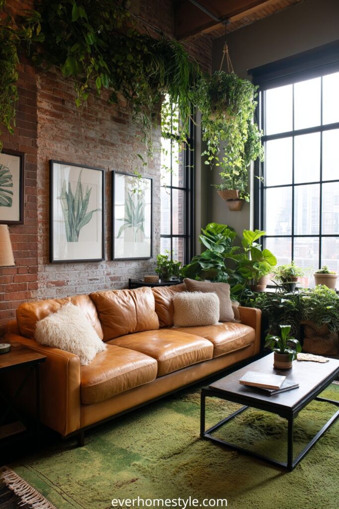 Urban jungle living room with tan leather sofa, indoor plants, and brick walls