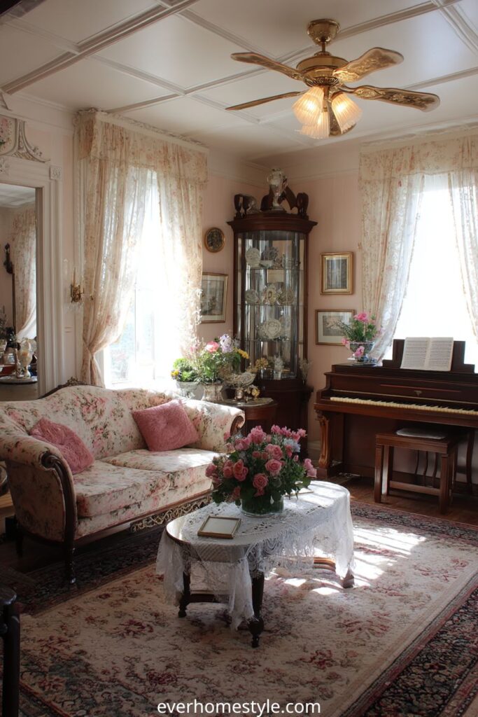 Victorian living room with floral sofa, lace curtains, and upright piano