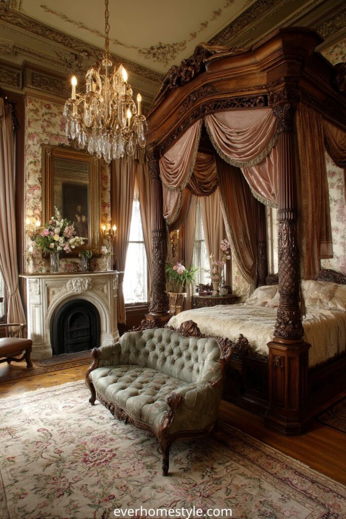 Victorian luxury bedroom with ornate four-poster bed and chandelier.