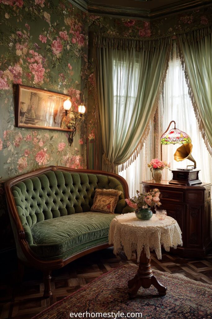 Victorian parlor with green velvet sofa, floral wallpaper, and gramophone