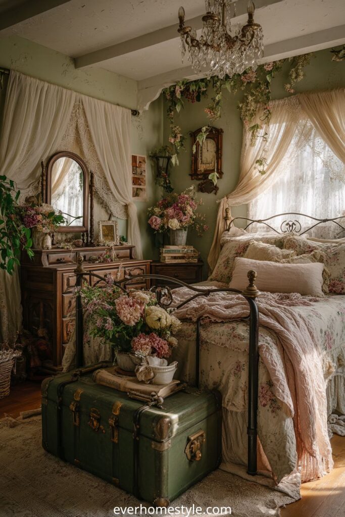 Vintage cottage bedroom with floral bedding, antique furniture, and chandelier.