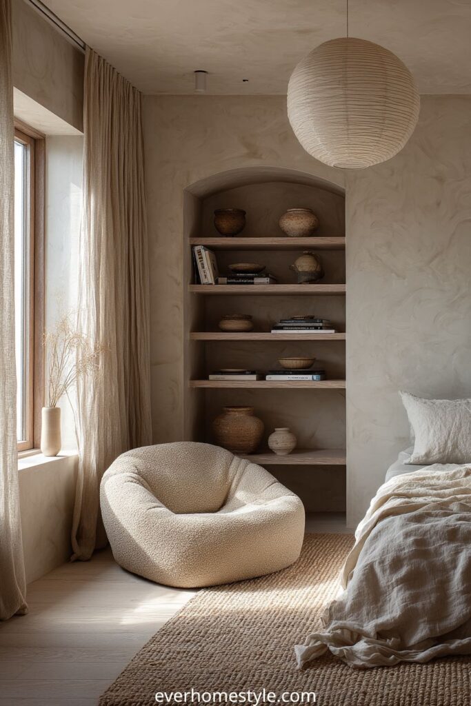 Neutral bedroom with built-in shelves, soft armchair, linen bedding, and natural decor accents.