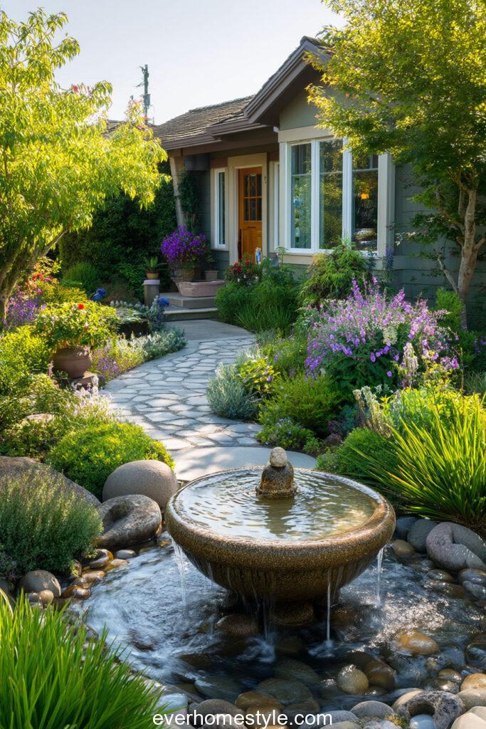 A beautiful front yard garden with a small stone